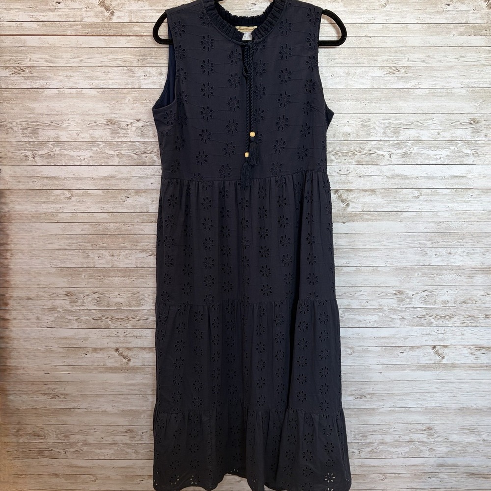 Sweet Magnolia Womens L Maxi Dress Navy Blue Eyelet Cotton Boho Coastal Tassel